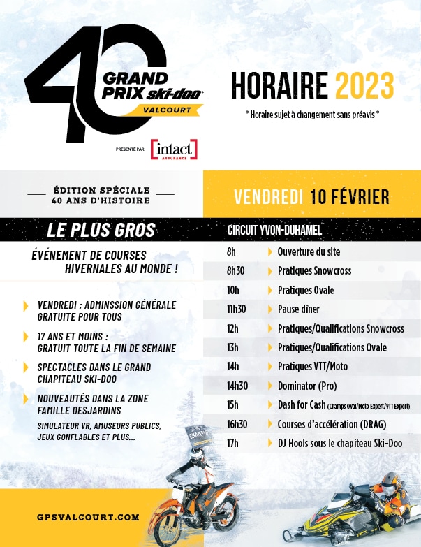 Voici le calendrier pour le Grand Prix de Valcourt!