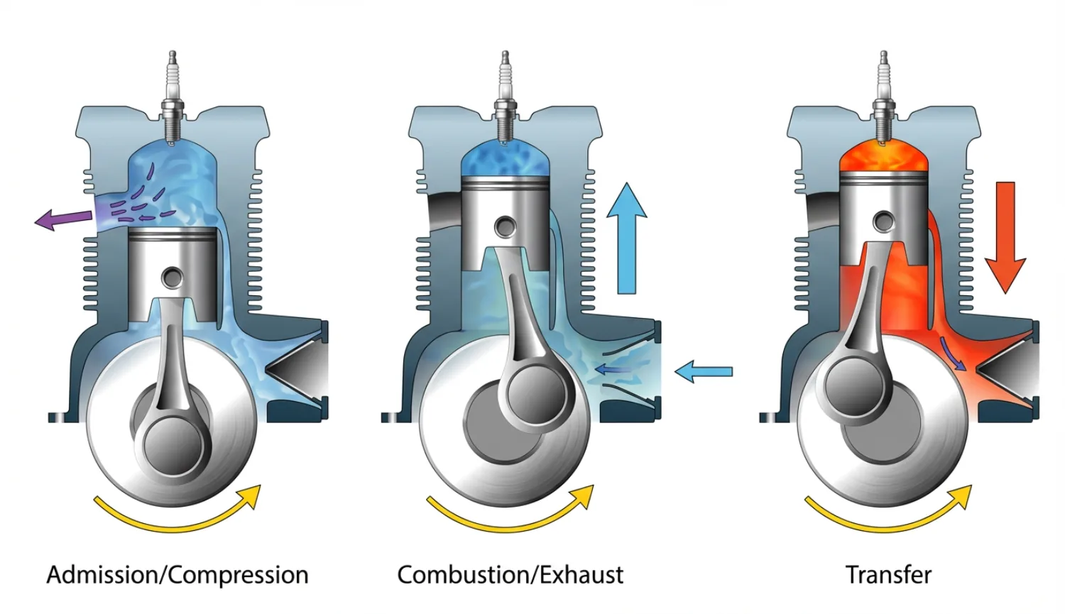 Cycle moteur 2-temps: (1)Admission/compression – (2) Explosion/détente et échappement
